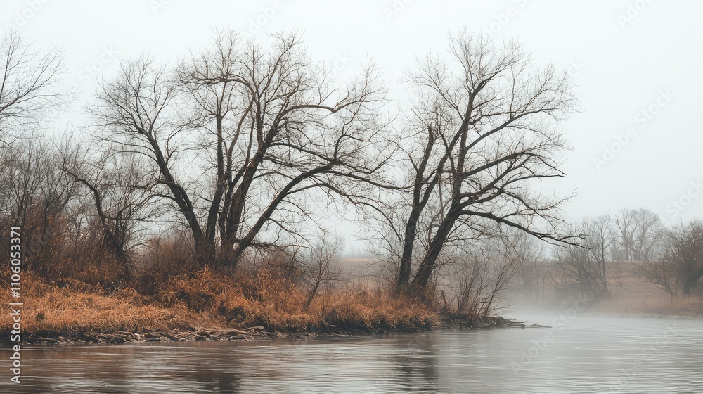 Haunting Scene of a Dark Riverbank Surrounded by Twisted Leafless Trees Under a Misty Sky, Capturing the Essence of Nature's Forgotten Beauty Haunting Scene of a Dark Riverbank Surrounded by Twisted Leafless Trees Under a Misty Sky, Capturing the Essence of Nature's Forgotten Beauty