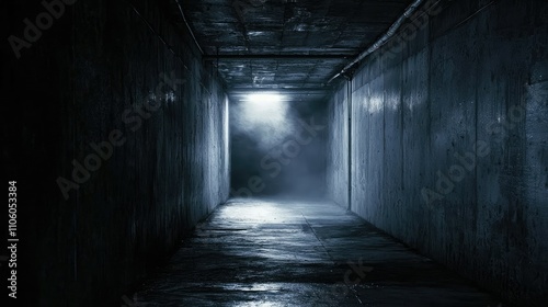 Dark and Haunting Tunnel with Faint Light at the End, Encapsulating a Mysterious Atmosphere Perfect for Evoking Suspense and Intrigue in Visual Narratives