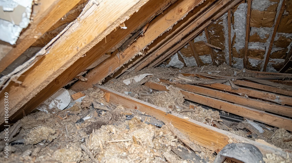 Debris Field From a Collapsed Roof with Exposed Wood Planks and Insulation Material in an Attic Space After a Structural Failure Debris Field From a Collapsed Roof with Exposed Wood Planks and Insulation Material in an Attic Space After a Structural Failure