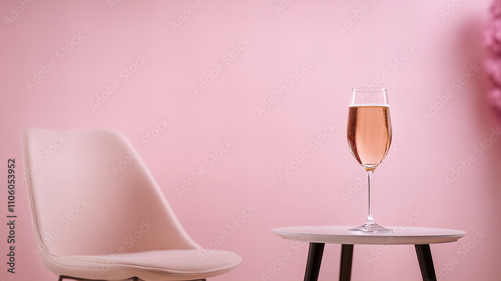 Sparkling cider served in a clear glass on a round table beside a modern chair in a pastel pink setting Sparkling cider served in a clear glass on a round table beside a modern chair in a pastel pink setting
