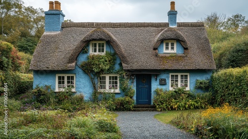 A charming countryside blue cottage with a thatched roof surrounded by lush greenery and vibrant flowers under a cloudy sky in a peaceful rural setting