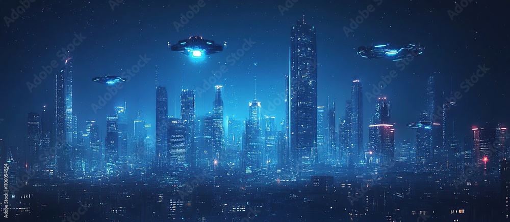 Futuristic cityscape with hovering vehicles and illuminated skyscrapers at night. Futuristic cityscape with hovering vehicles and illuminated skyscrapers at night.