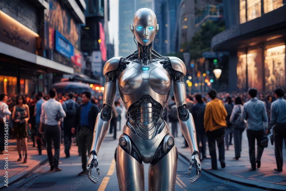 futuristic robot walking in the city futuristic robot walking in the city