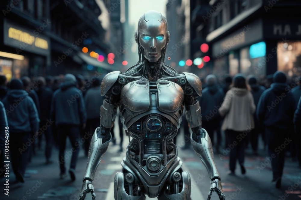 robot walking in the city robot walking in the city