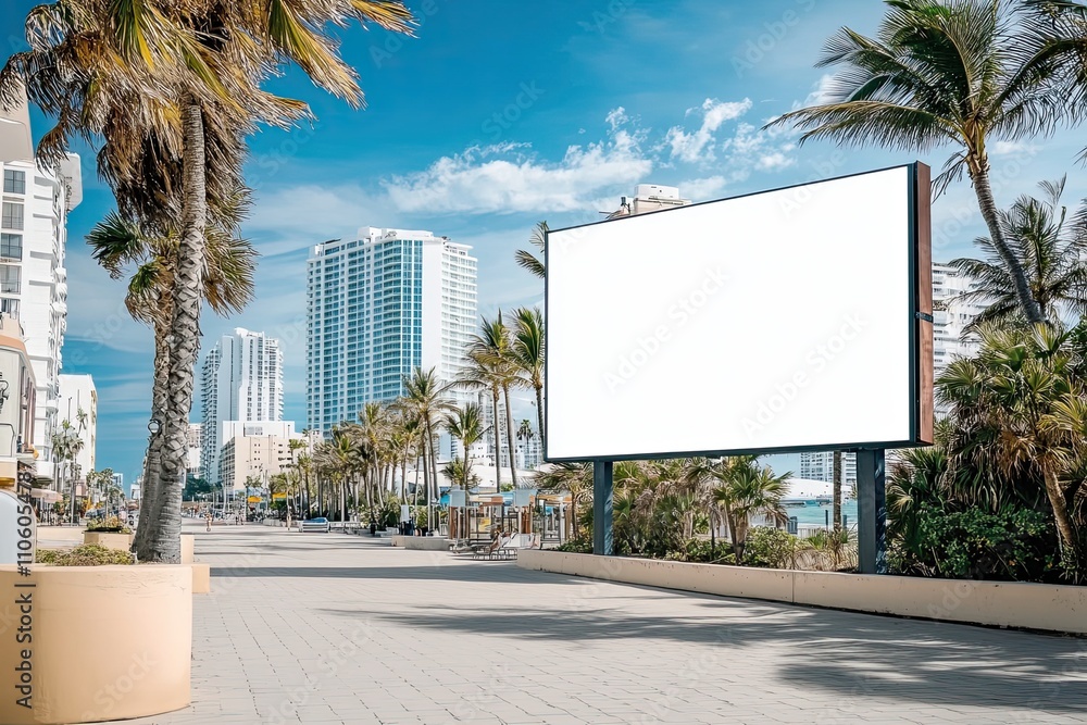 Fototapeta premium Blank billboard with a white screen on a modern boardwalk surrounded by palm trees and a vibrant city beach.