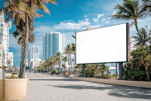 Blank billboard with a white screen on a modern boardwalk surrounded by palm trees and a vibrant city beach.