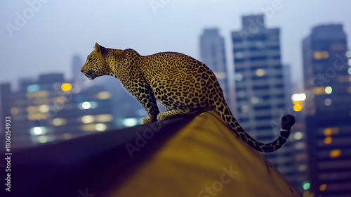 A stunning leopard perches on a rooftop, blending nature with the urban skyline. Witness this breathtaking scene as wildlife meets city life at twilight.