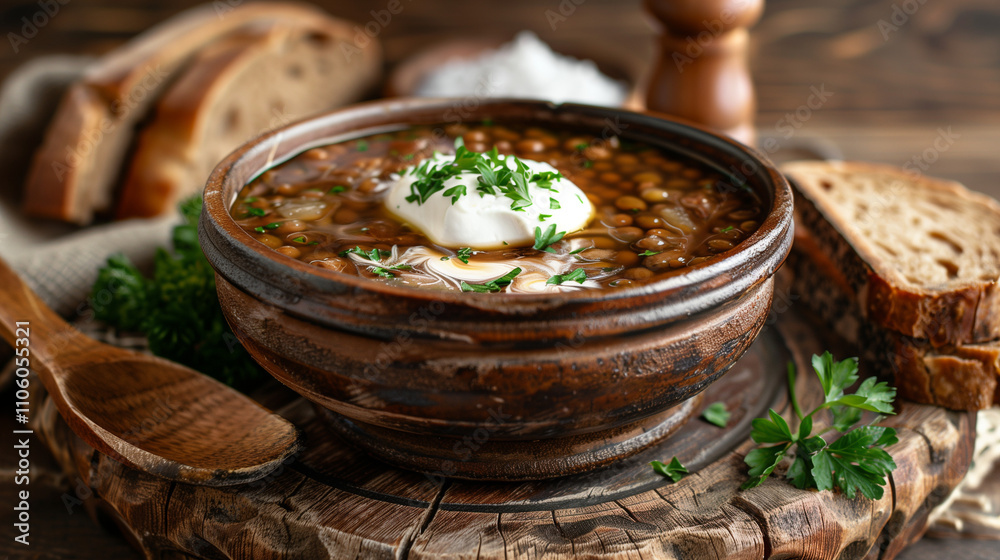 Rustic lentil soup with fresh herbs and sour cream Rustic lentil soup with fresh herbs and sour cream