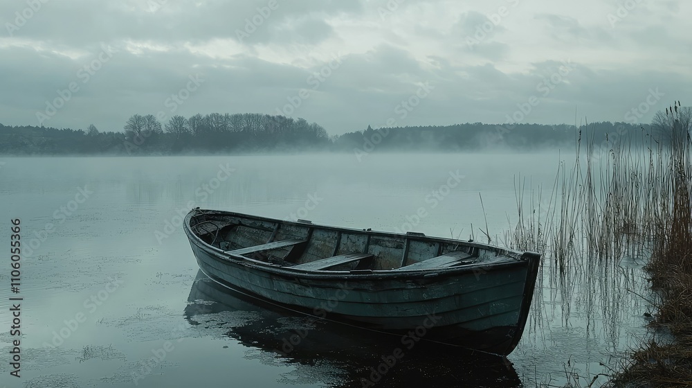 A Lonely Abandoned Boat on a Misty Lake Under Cloudy Skies Capturing a Serene and Desolate Atmosphere in Nature A Lonely Abandoned Boat on a Misty Lake Under Cloudy Skies Capturing a Serene and Desolate Atmosphere in Nature