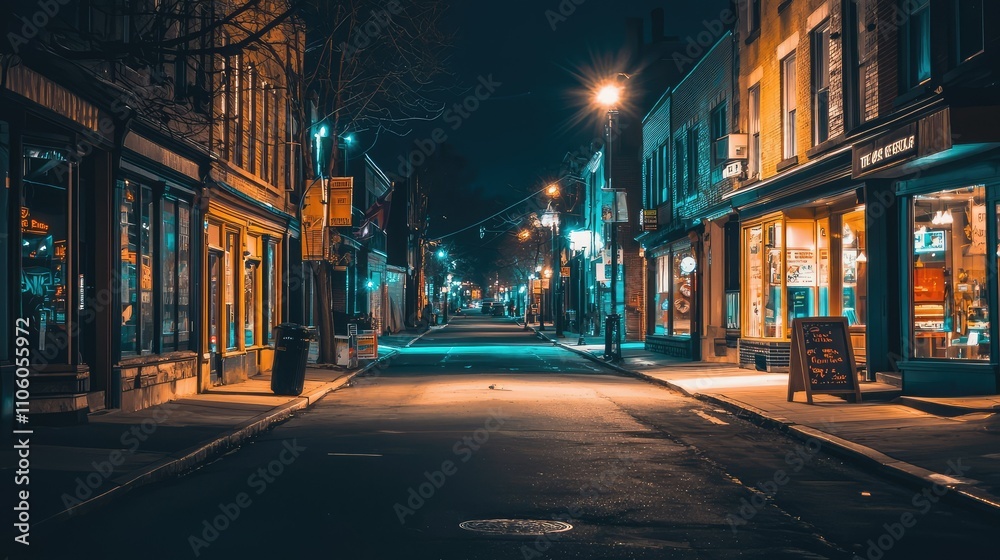 Desolate Urban Street Scene at Night with Empty Storefronts and Minimal Traffic in a Quiet City Setting Desolate Urban Street Scene at Night with Empty Storefronts and Minimal Traffic in a Quiet City Setting