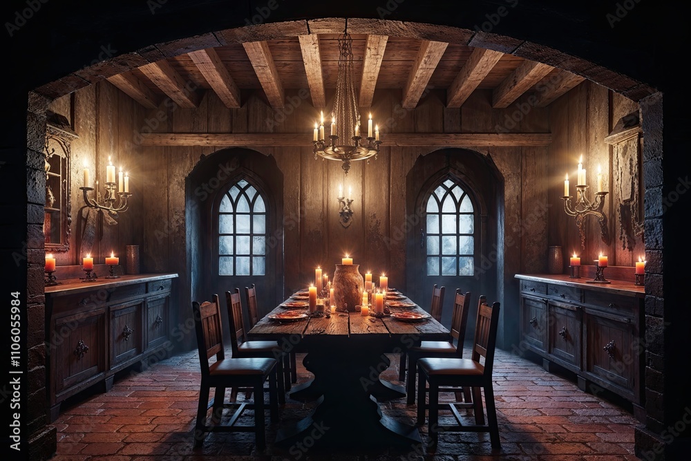 Haunted Medieval Tavern Concept Design: Eerie and Spooky Atmosphere with Candlelight Shadows Haunted Medieval Tavern Concept Design: Eerie and Spooky Atmosphere with Candlelight Shadows