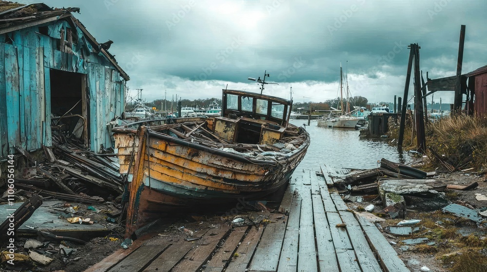 An Abandoned Harbor Scene Featuring Wrecked Boats and Decaying Structures Under a Gloomy Sky, Capturing the Essence of Desolation and Nature's Reclamation An Abandoned Harbor Scene Featuring Wrecked Boats and Decaying Structures Under a Gloomy Sky, Capturing the Essence of Desolation and Nature's Reclamation