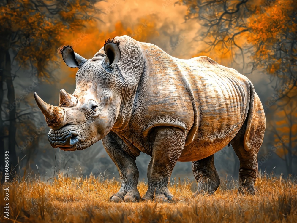 Fototapeta premium Close-up of a rhinoceros in a grassy savanna during a vibrant sunset