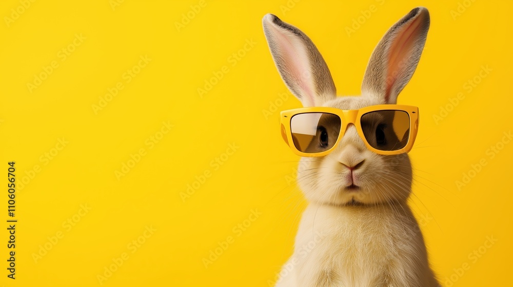 White rabbit wearing yellow sunglasses against yellow background. Summer style and social media content with copy space White rabbit wearing yellow sunglasses against yellow background. Summer style and social media content with copy space