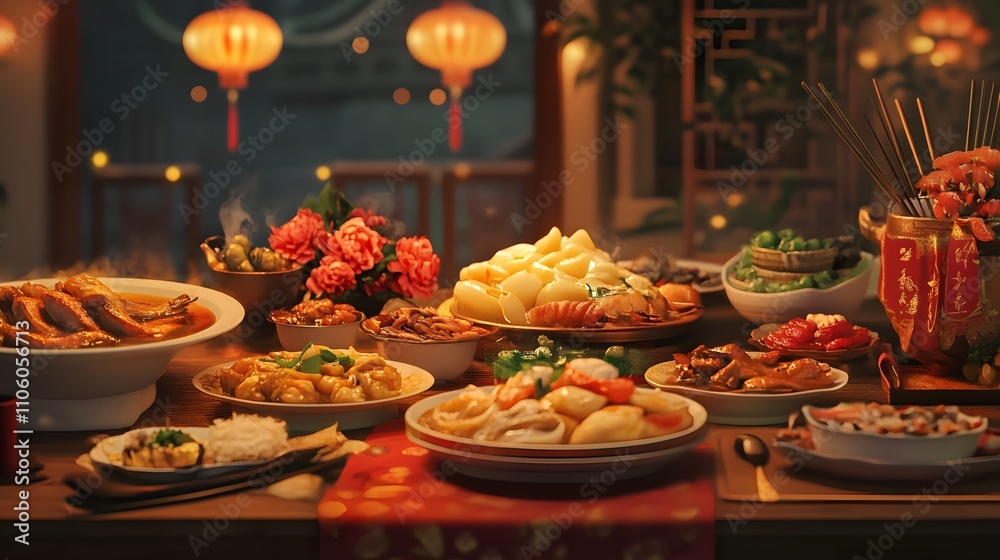Naklejka premium A beautifully arranged dining table featuring a variety of traditional dishes, vibrant florals, and decorative lanterns that create a festive atmosphere, perfect for cultural celeb