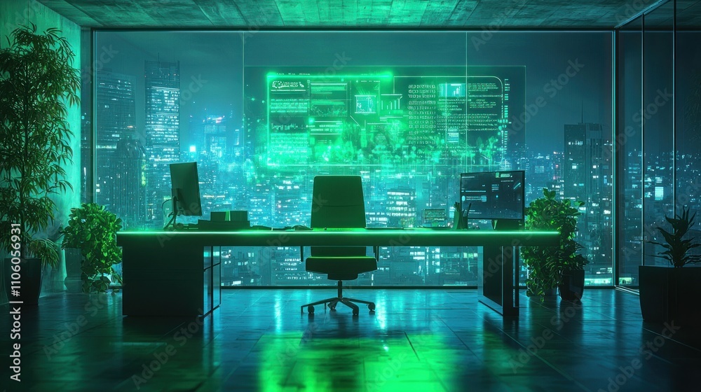 Futuristic Office Interior with Neon Accents Overlooking a City Skyline at Night Emphasizing Technology and Modern Design Elements Futuristic Office Interior with Neon Accents Overlooking a City Skyline at Night Emphasizing Technology and Modern Design Elements