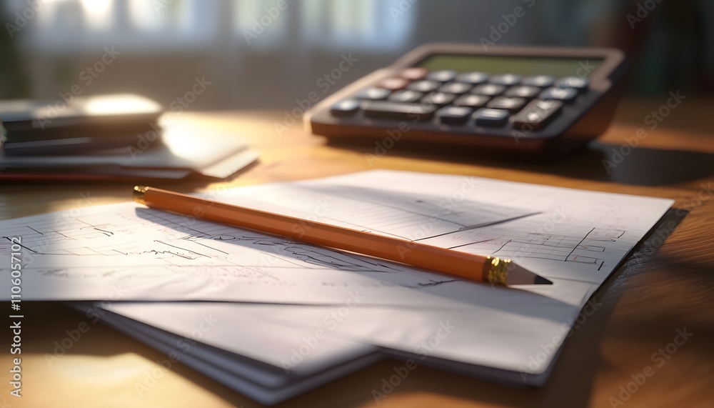 A close-up of a workspace featuring a calculator, paperwork, and a pencil A close-up of a workspace featuring a calculator, paperwork, and a pencil