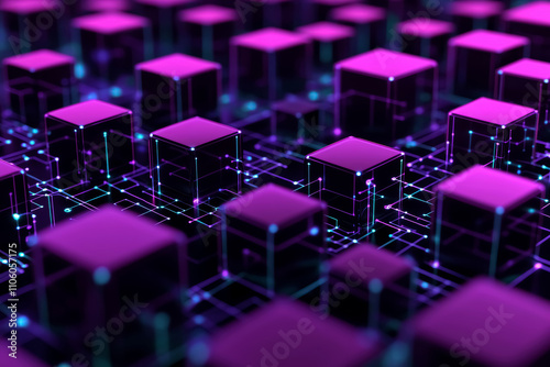 Miniature digital blocks connected in network on dark purple circuit board background. Concept of blockchain, big data, online storage technology, security, network connection. Matrix, metaverse. 