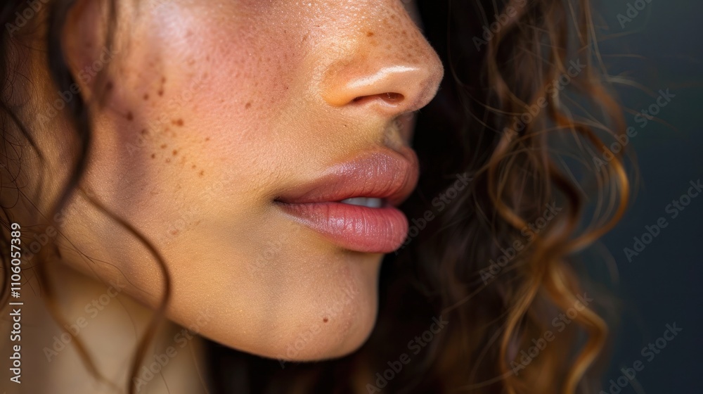 Captivating close up portrait of a youthful ethereal woman with luminous freckled skin and a dreamy introspective expression Her soft curly hair frames her delicate features Captivating close up portrait of a youthful ethereal woman with luminous freckled skin and a dreamy introspective expression Her soft curly hair frames her delicate features
