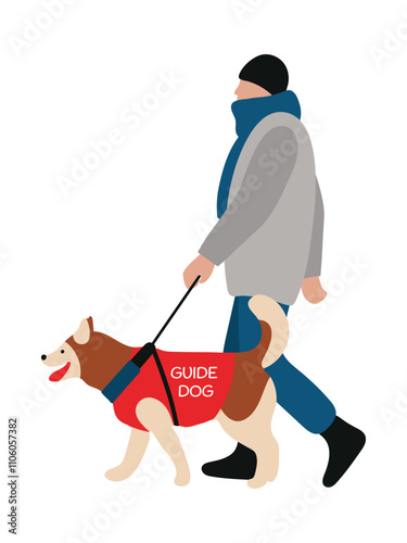 ManGuideDogBlind Man Wearing Warm Clothes Walks Outside With Guide Dog Assistance. Cold Weather. Flat Style Vector Illustration Isolated On White Background