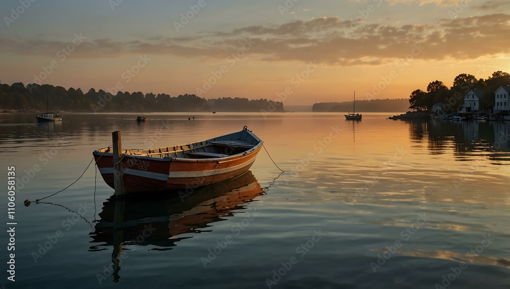 Fishermen’s boats at sunset, peaceful setting. Fishermen’s boats at sunset, peaceful setting.
