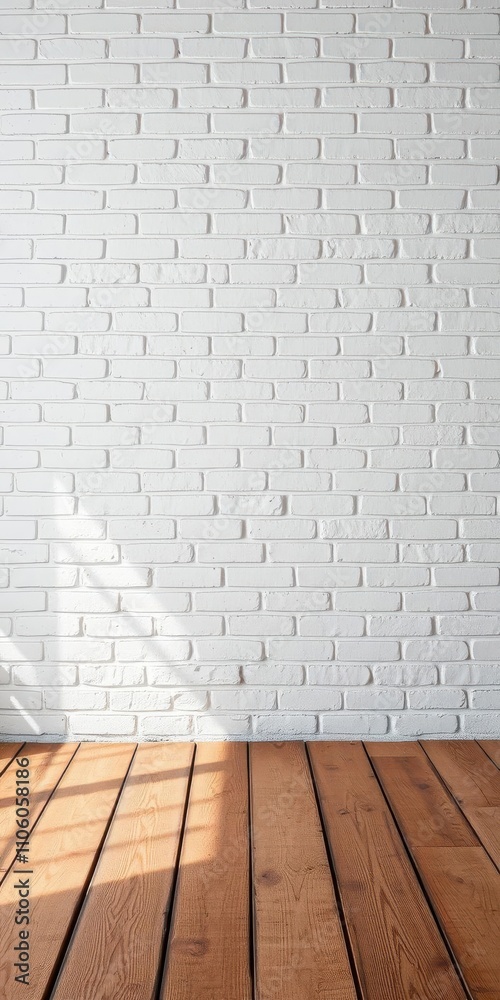 Fototapeta premium White bricks wall with a rustic wooden floor, interior design, home decor