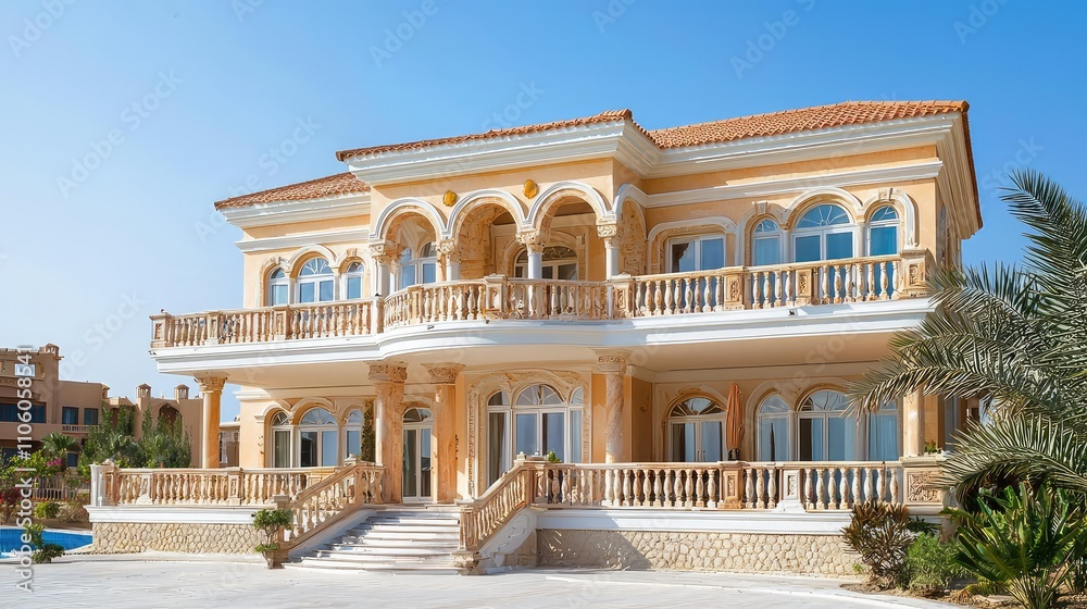 Fototapeta premium Luxurious Beachfront Villa with Architectural Elegance, Offering Stunning Views and Exquisite Design Features Set Against a Clear Blue Sky
