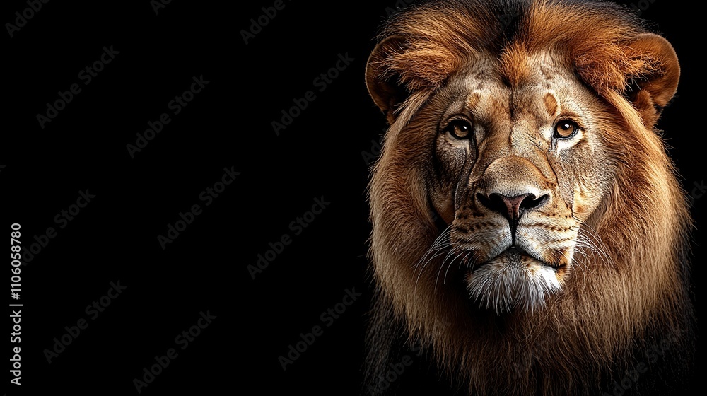 A majestic lion's face against a black background, showcasing its power and beauty. A majestic lion's face against a black background, showcasing its power and beauty.