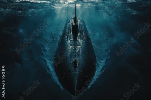 Nuclear Submarine. Class Close-Up View of Military Navy Vessel in Black and Blue Background photo