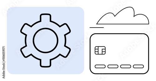 Wallpaper Mural Gear icon inside blue square next to outline of credit card and cloud. Ideal for fintech, online banking, cloud services, digital security, payment solutions, automation, data integration. Line Torontodigital.ca