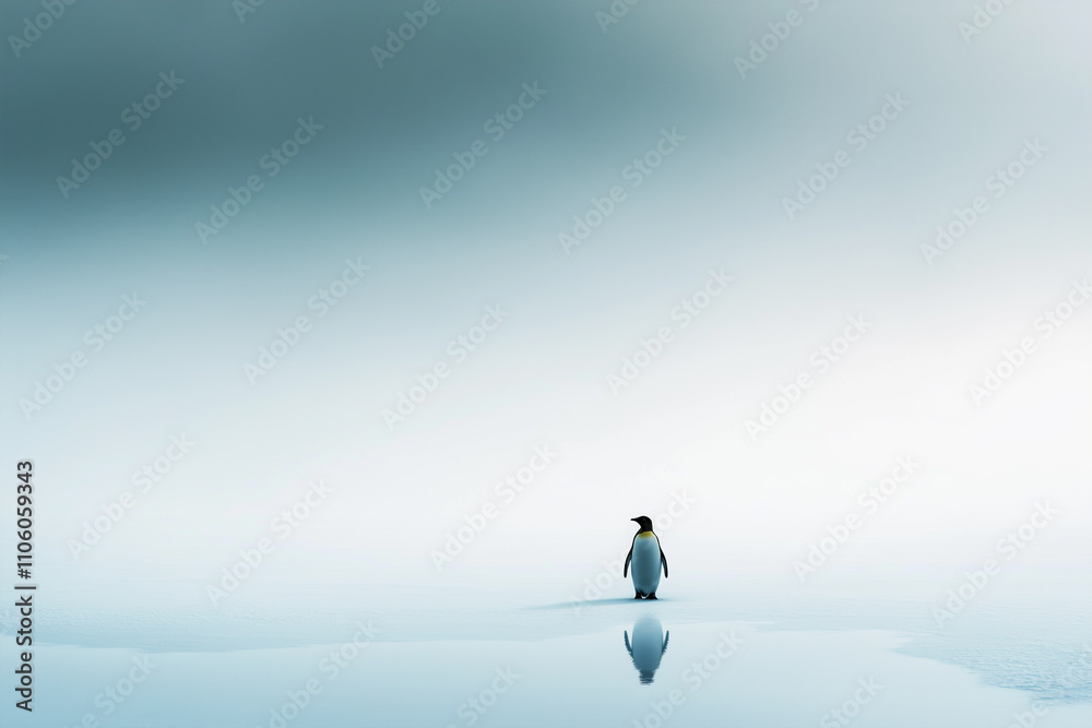 Lone Penguin Reflecting on Frozen Landscape Lone Penguin Reflecting on Frozen Landscape