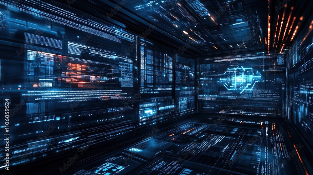 Futuristic digital interface with glowing screens displaying data streams and code. Futuristic digital interface with glowing screens displaying data streams and code.