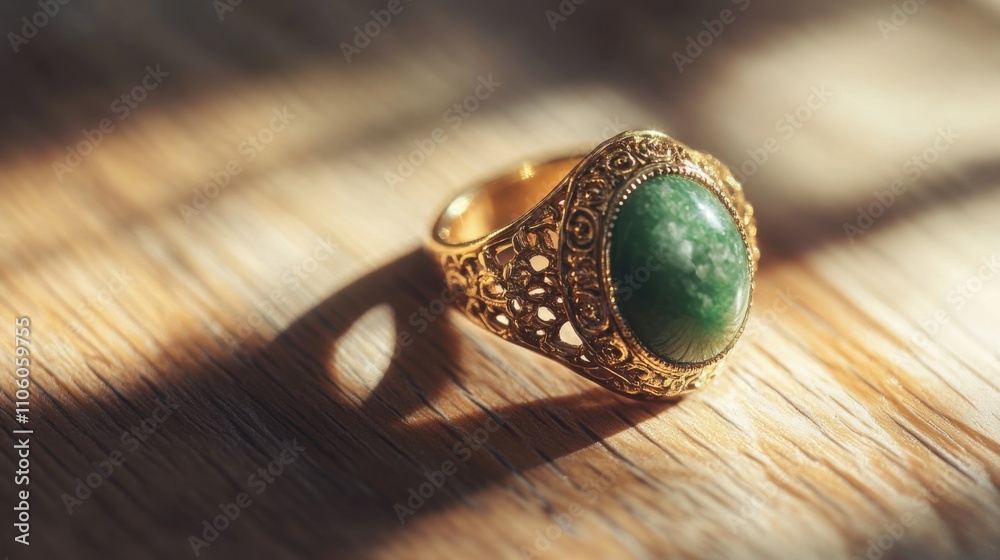Elegant Gold Ring with Green Gemstone, Intricate Design, Wooden Surface Elegant Gold Ring with Green Gemstone, Intricate Design, Wooden Surface