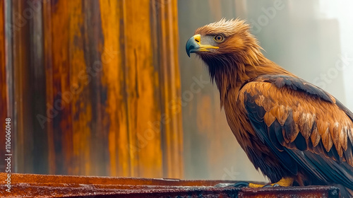 This stunning image captures a golden eagle in a serene, misty setting, showcasing its powerful presence and intricate detailing against a backdrop of warm colors. photo