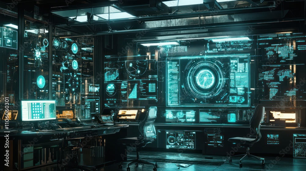 A dynamic image of a futuristic workspace featuring AI technology and smart devices in action A dynamic image of a futuristic workspace featuring AI technology and smart devices in action