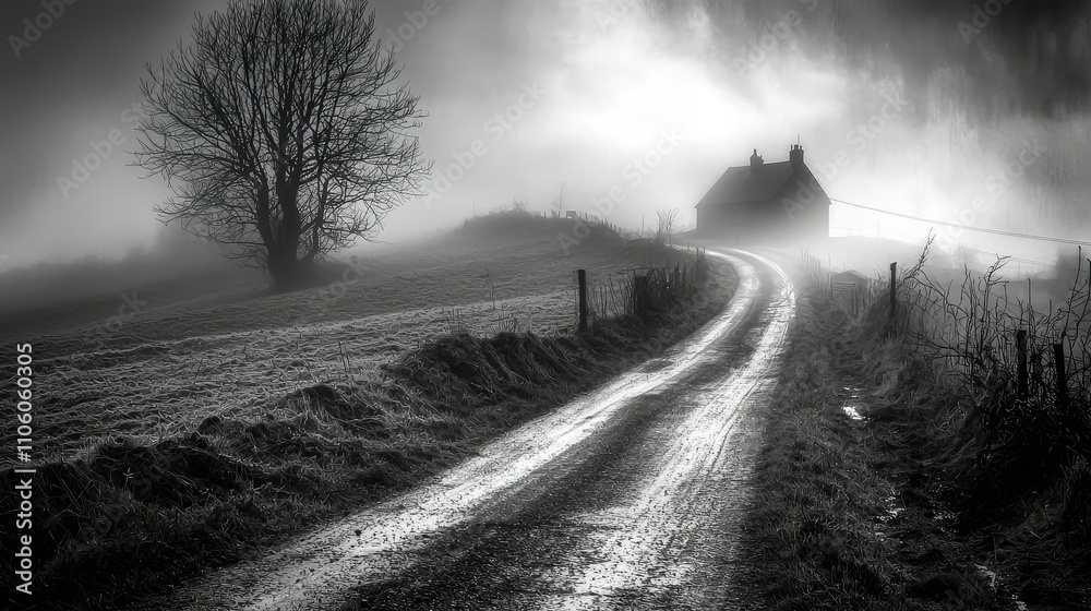 Haunting View of a Fog-Covered Village Road with Faint Light Illuminating a Solitary House Haunting View of a Fog-Covered Village Road with Faint Light Illuminating a Solitary House