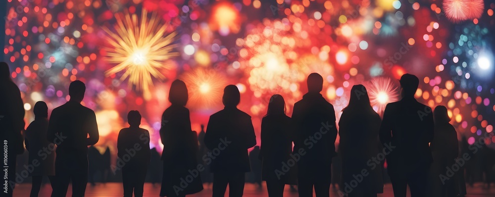 Silhouetted figures gathered together, captivated by a vibrant display of fireworks illuminating the night sky, creating a festive atmosphere filled with awe and wonder. Silhouetted figures gathered together, captivated by a vibrant display of fireworks illuminating the night sky, creating a festive atmosphere filled with awe and wonder.