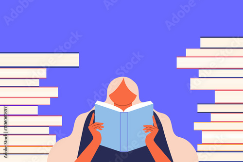 White woman, girl with long hair reading a book. Concept on education, self-directed learning. Colorful, flat vector illustration on blue background. Character design. Social media, article