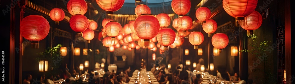 Vibrant red lanterns illuminate a beautifully arranged dining setting, perfect for a festive gathering or celebration. The warm ambiance creates an inviting atmosphere for guests. Vibrant red lanterns illuminate a beautifully arranged dining setting, perfect for a festive gathering or celebration. The warm ambiance creates an inviting atmosphere for guests.