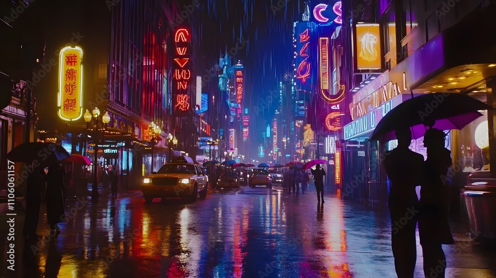 Rainy Night Cityscape Neon Lights Romantic Couple Rainy Night Cityscape Neon Lights Romantic Couple