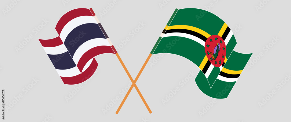 Crossed and waving flags of Thailand and Dominica. Vector illustration Crossed and waving flags of Thailand and Dominica. Vector illustration