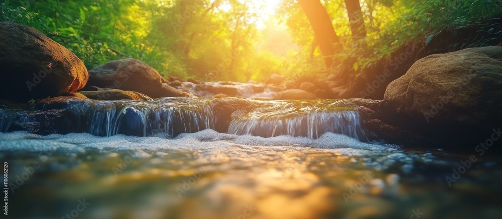 Obraz premium A tranquil stream flows through a lush forest with the sun shining brightly.