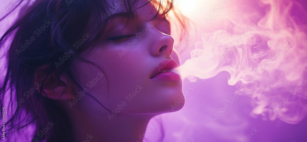 Woman exhaling vapor in purple light. Woman exhaling vapor in purple light.