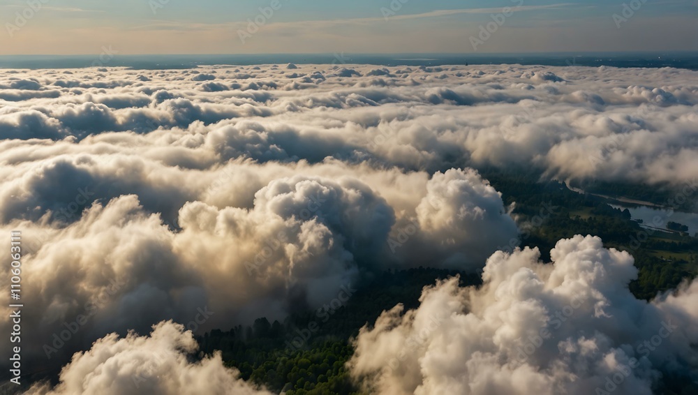 Flight over thick clouds above the Dnieper River, Kiev.