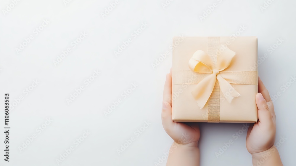 Hands holding a gift box with a bow, white isolated background. Hands holding a gift box with a bow, white isolated background.