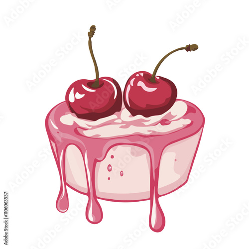 Elegant Cherry Dessert Illustration. Pink Glazed Cake with Fresh Cherries