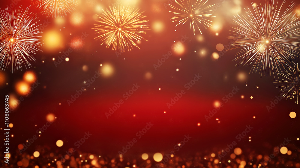 Fototapeta premium Festive Fireworks Background with Sparkling Bokeh on a Vibrant Red and Gold Palette