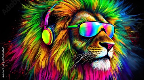 Vibrant lion with headphones in colorful style, digital art, perfect for music themes photo