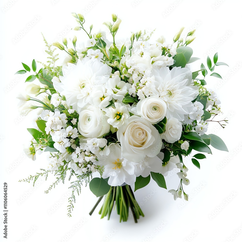 Elegant white flower bouquet with various blooms and greenery, white isolate background. Elegant white flower bouquet with various blooms and greenery, white isolate background.