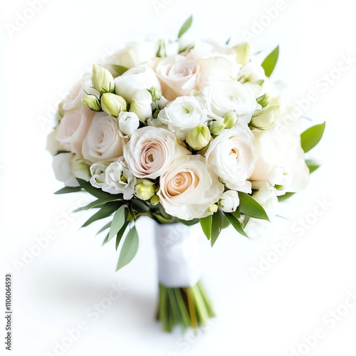 Elegant bouquet of white and pale pink roses with lush greenery.